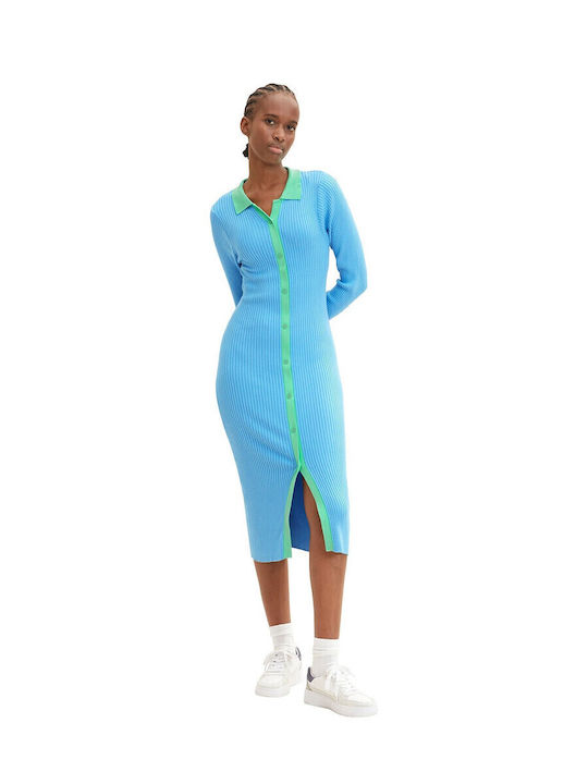 Midi Knitted Shirt Dress with Tearing Light Blue