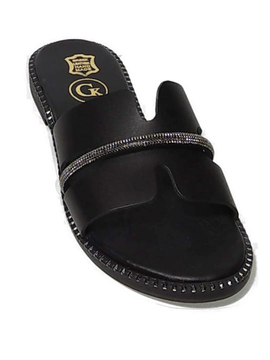Leather Women's Flat Sandals in Black Color
