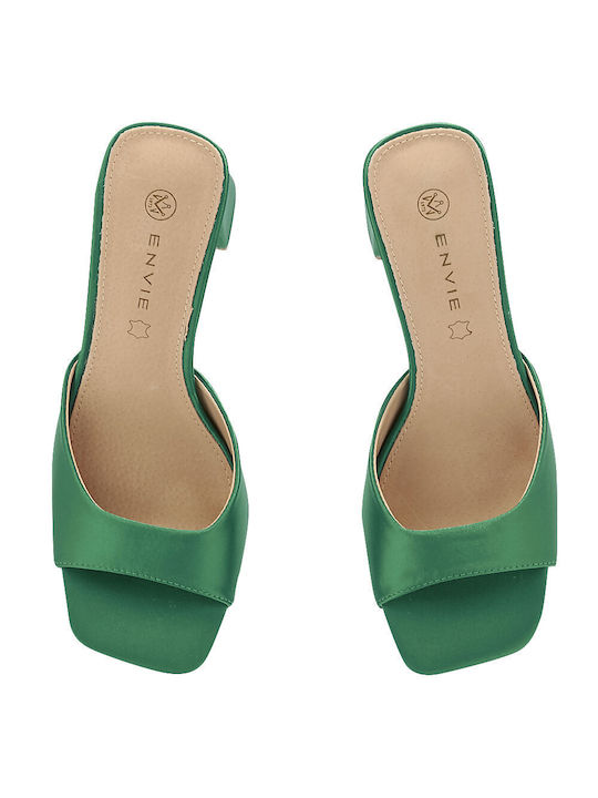 Leather Mules with Chunky High Heel in Green Color