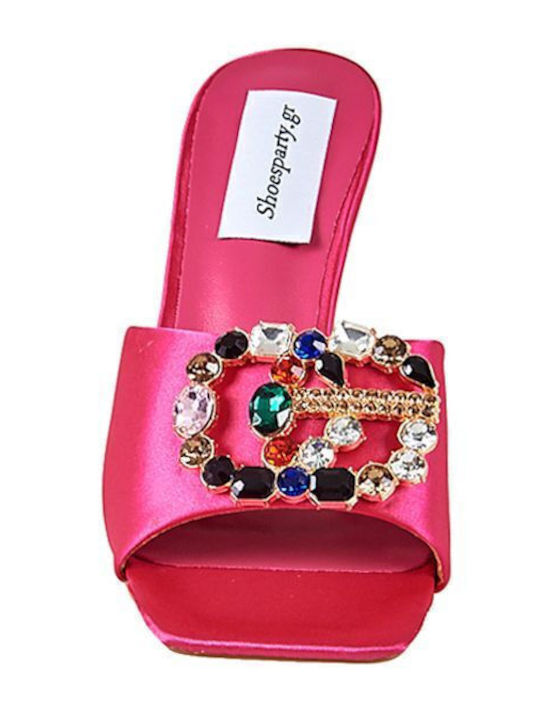 Satin Mules with Thin High Heel in Fuchsia Color