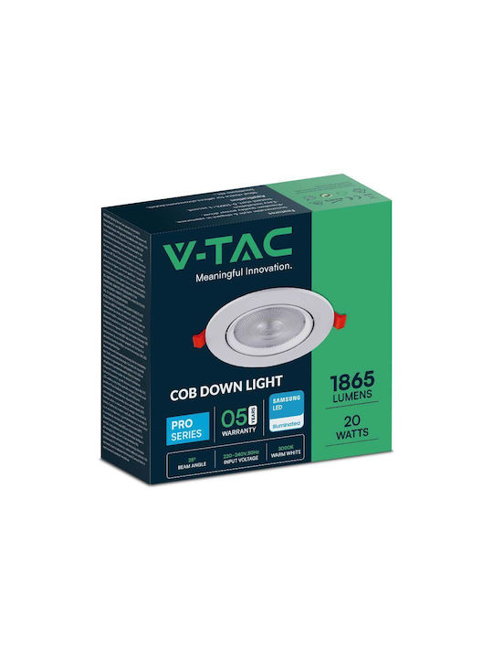 V-TAC Στρογγυλό Χωνευτό LED Panel 20W με Ρυθμιζόμενο Λευκό Φως