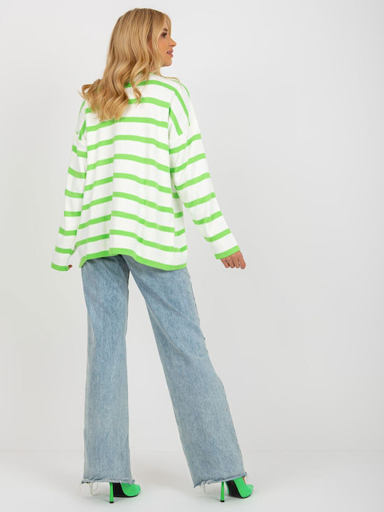 Rue Paris Damen Langarm Pullover Gestreift Green/White