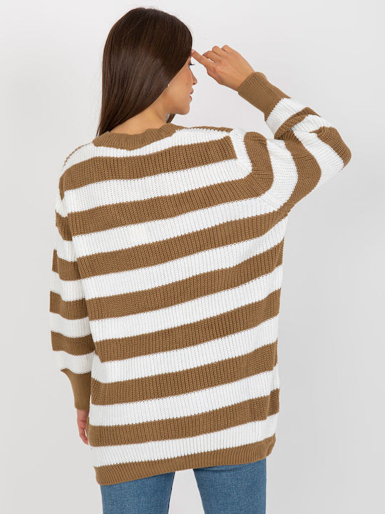 Rue Paris Women's Long Sleeve Sweater Woolen with V Neckline Striped White/Beige