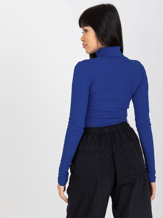 Rue Paris Damen Bluse Baumwolle Langärmelig Rollkragenpullover Cobalt