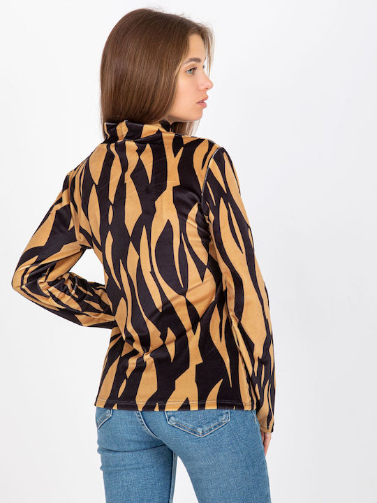 Rue Paris Damen Bluse Langärmelig Black/Camel