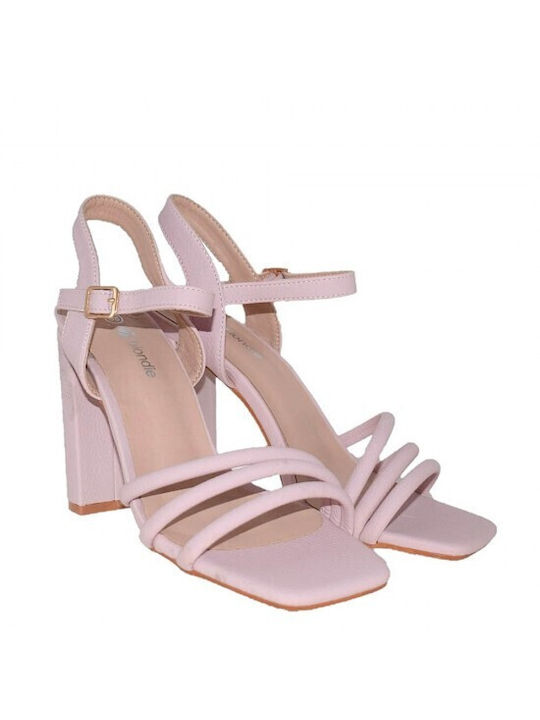 Blondie Synthetic Leather Women's Sandals with Ankle Strap Pink with Chunky High Heel