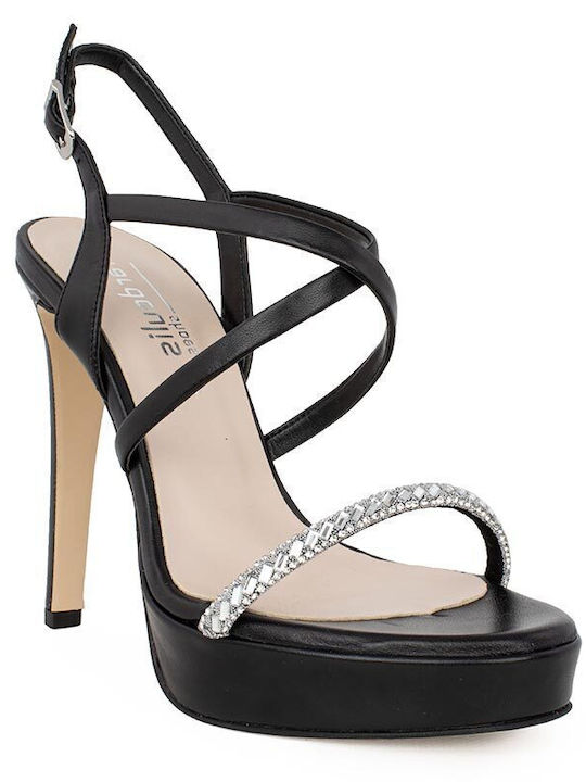 Replay Platform Leather Women's Sandals with Strass Black with Thin High Heel