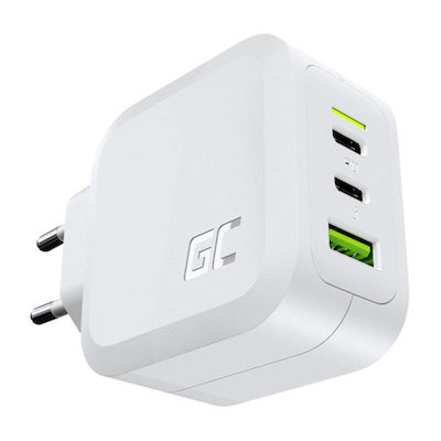 Green Cell Ladegerät ohne Kabel GaN mit USB-A Anschluss und 2 USB-C Anschlüsse 65W Stromlieferung / Schnellaufladung 3.0 Weißs (CHARGC08W)