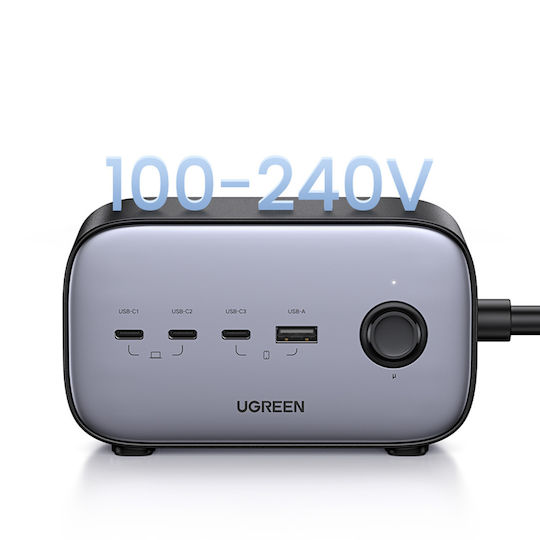 Ugreen Charger with Built-in Cable GaN with USB-A Port and 3 USB-C Ports 100W Power Delivery Quick Charge 3.0 Quick Charge 4+ Gray (CD270 Power Strip)