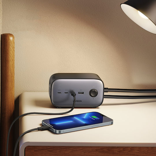 Ugreen Charger with Built-in Cable GaN with USB-A Port and 3 USB-C Ports 100W Power Delivery Quick Charge 3.0 Quick Charge 4+ Gray (CD270 Power Strip)