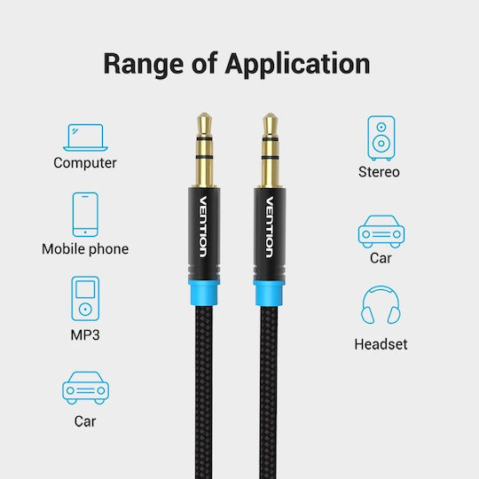 Vention Vention 3.5mm Jack Cable - 3.5mm Male to 3.5mm Male Black 1.5m with Gold Plated Terminals