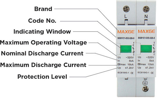 Maxge MAXGE SGS1-C 2-Poles Inspired T2 Panel Lightning Protection 60kA T2 2P 60kA