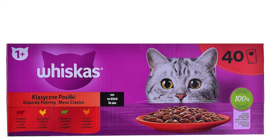 Whiskas Classic Meals in Sauce Wet Food for Adult Cats in Pouches with Beef 40x85gr