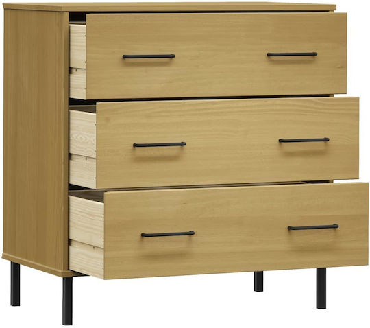 Comodă Dormitor Din Lemn Masiv Și Metal Cu 3 Sertare 77x40x79.5cm