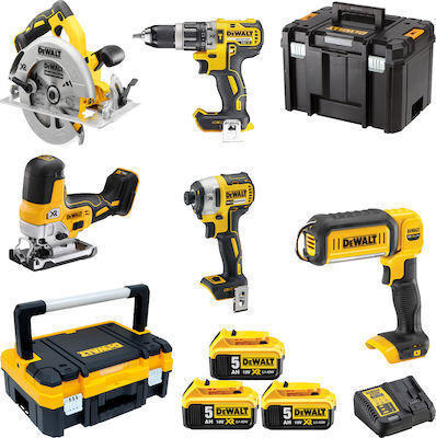 DEWALT DCK500P3T Set Kreissäge & Bohrschrauber & Schlagschraubendreher & Stichsäge & Objektiv Brushless 18V mit 3 Batterien 5Ah und Hülle