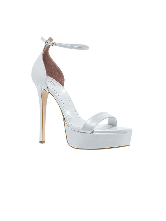 Mourtzi Platform Leather Women's Sandals with Ankle Strap White with Thin High Heel