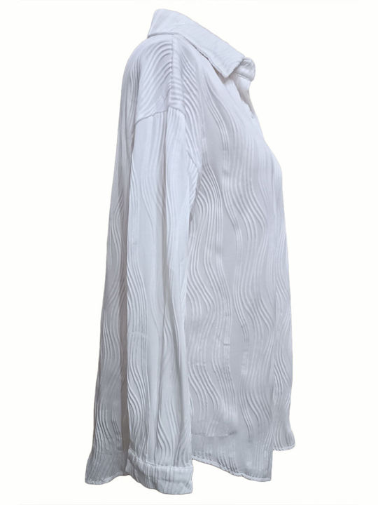 Women's Shirt White Embossed Long Sleeve Striped Cotton FLAM MODE / White