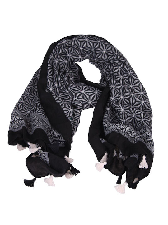 Women's scarf 50% viscose 50% cotton black white and tassels black white