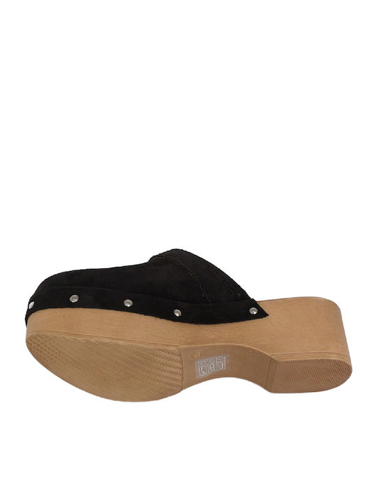 Leather Mules with Chunky Low Heel in Black Color