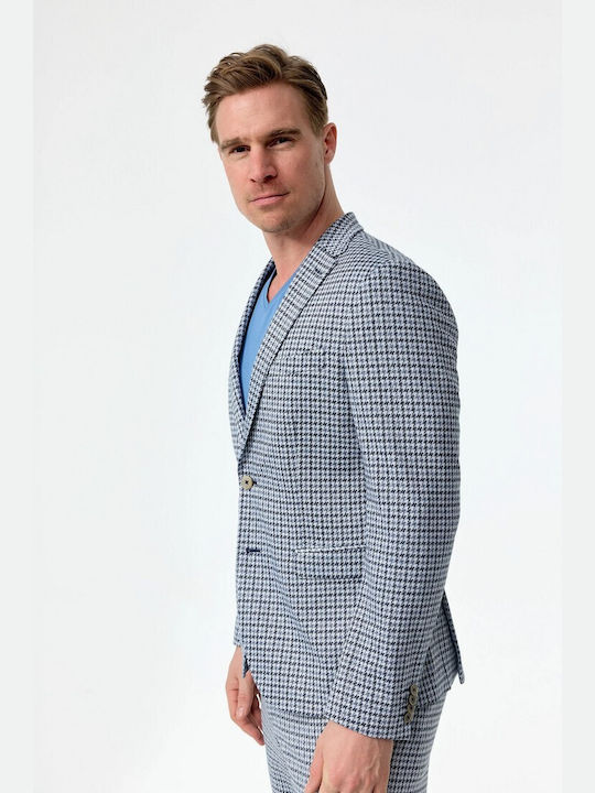 Zuitable Blue Houndstooth Pattern Jersey Suit Jacket