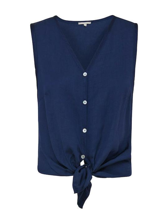 Women's Linen Monochrome Sleeveless Shirt Navy Blue