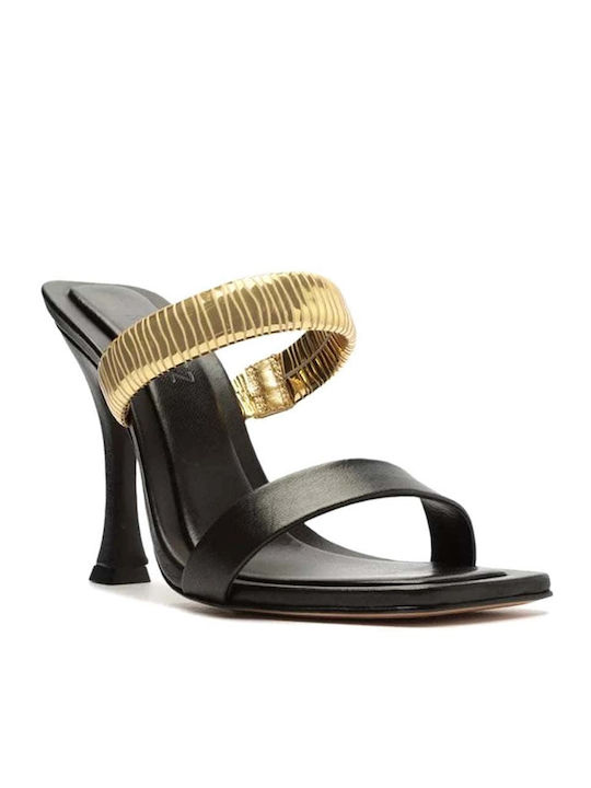 Schutz Γυναικεία Πέδιλα με Χοντρό Ψηλό Τακούνι Black/Gold