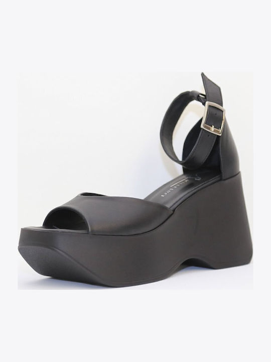 Women's Leather Ankle Strap Platforms Black