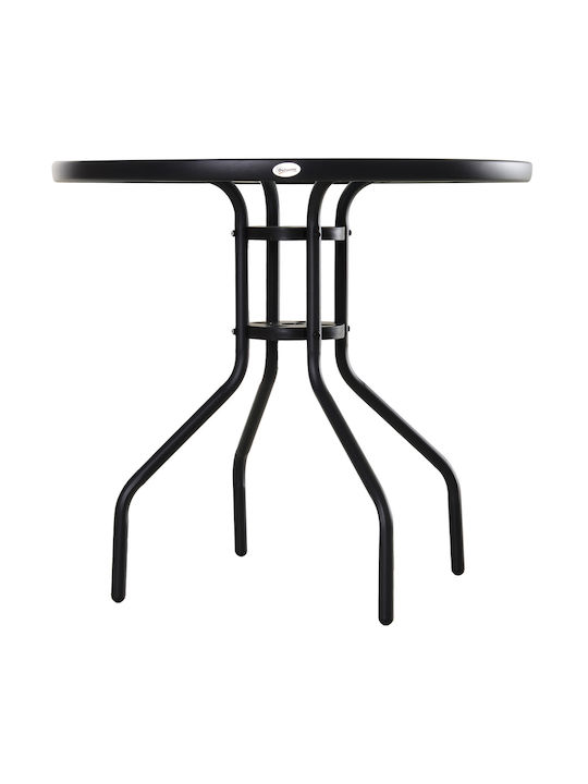 Outdoor Dinner Table with Glass Surface and Metal Frame Black 80x80x72cm
