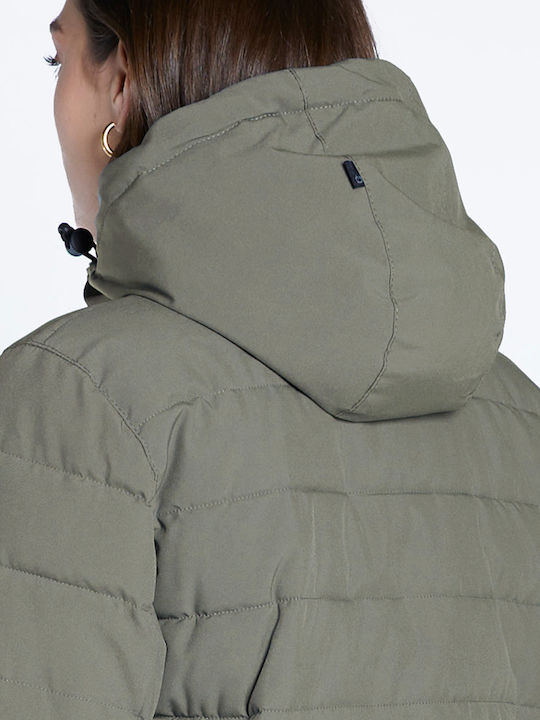 Women's Short Puffer Jacket for Winter with Hood Light Olive