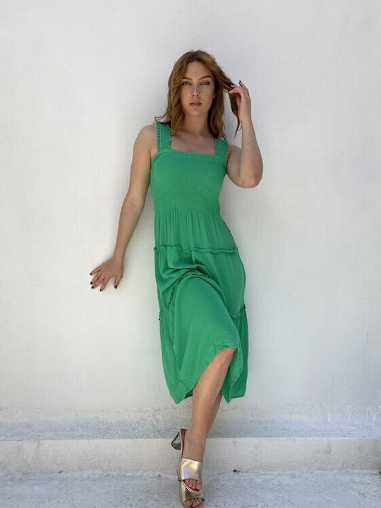 Vero Moda 10282481 Καλοκαιρινό Midi Φόρεμα με Βολάν Πράσινο
