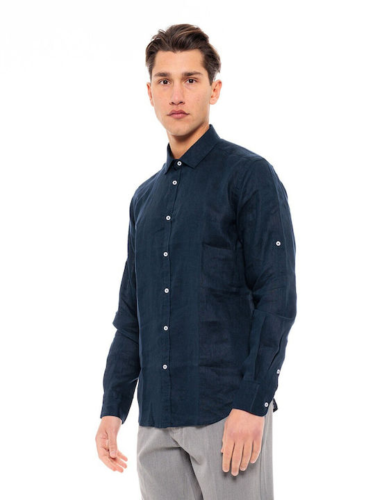 Biston -26 Men's Shirt Long Sleeve Linen Blue