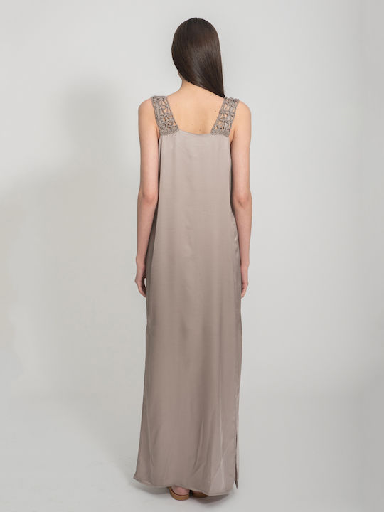 Aggel SS23172KF Summer Maxi Dress Satin with Slit Gray