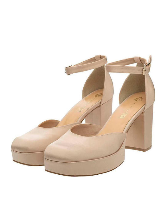 Leather Nude Satin High Heels with Strap S