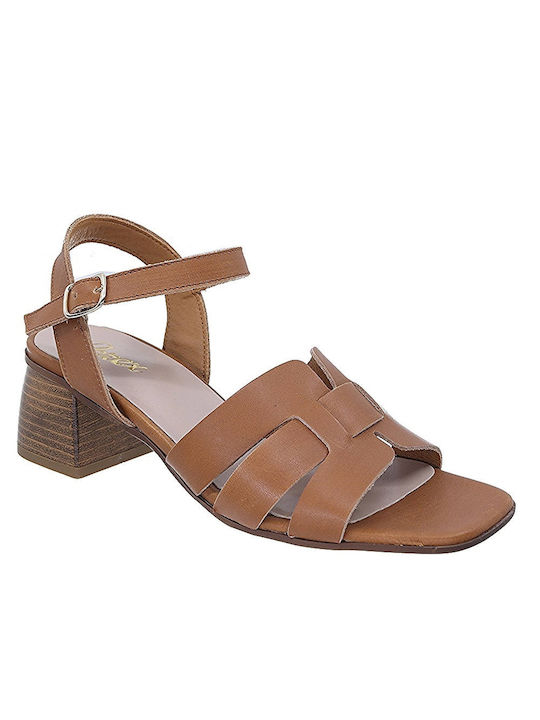 Parex Leather Women's Sandals Tabac Brown with Chunky Low Heel