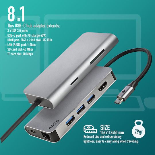 NGS Wonderdock 8 USB-C Docking Station mit HDMI 4K PD Ethernet Silber