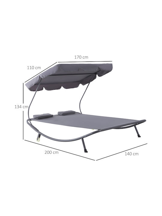 Sunbed Double Metal with Sunshade & Wheels Gray 200x170x134cm.