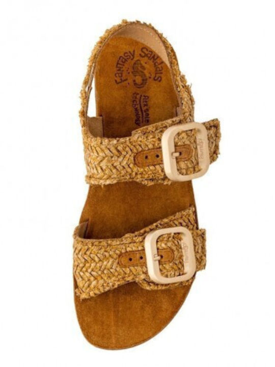 Leather Women's Flat Sandals with Strap in Tabac Brown Color