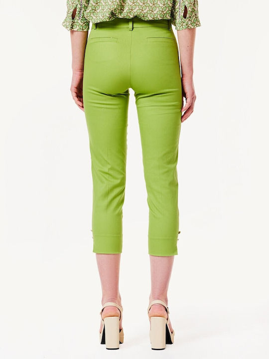 Women's High-waisted Fabric Capri Trousers Flared Slim Fit Green