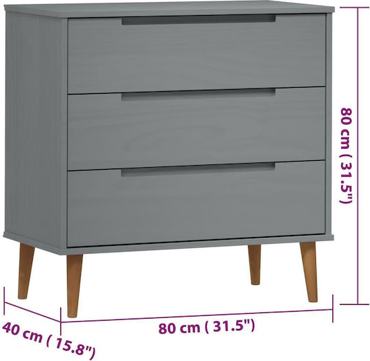 Comodă Dormitor Din Lemn Masiv Molde Cu 3 Sertare Gri 80x40x80 cm