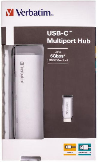 Verbatim V7 USB-Hub Mit 4 USB 3.0 Schnittstellen Mit USB-C Anschluss in Silber