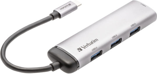 Verbatim V7 USB-Hub Mit 4 USB 3.0 Schnittstellen Mit USB-C Anschluss in Silber