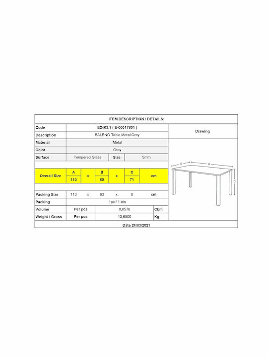 Baleno Outdoor Dinner Table with Glass Surface and Metal Frame Gray 110x60x71cm