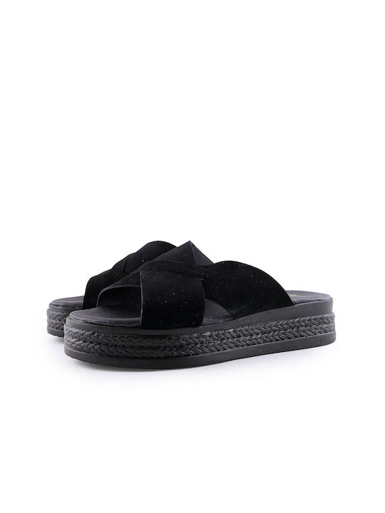 Love4shoes Leather Women's Flat Sandals Flatforms in Black Color