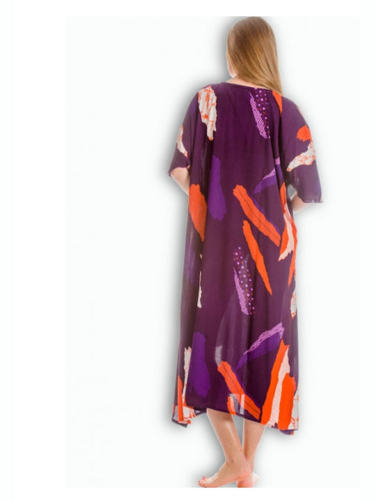 PLUS SIZE - LONG DRESS WITH WIDE SLEEVE VISCOSE GOFFRE WRINKLE PURPLE PLUS SIZE DRESS