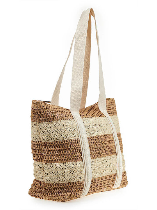 Verde Stroh Strandtasche Beige mit Streifen