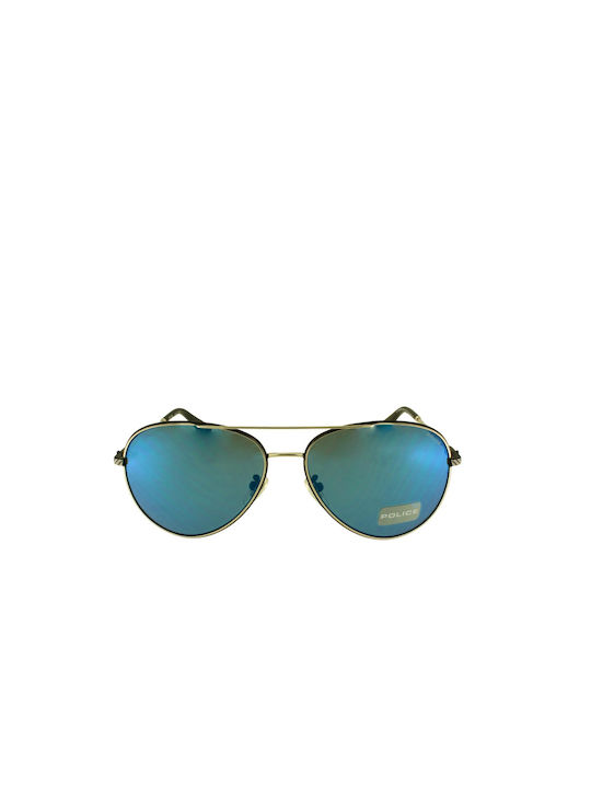 Police Men's Sunglasses with Gold Metal Frame and Blue Gradient Lens SPLL11 K07B