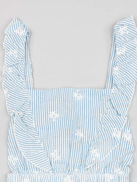 Zippy one-piece jumpsuit striped white and light blue with a crossed back and ruffles on the sleeves