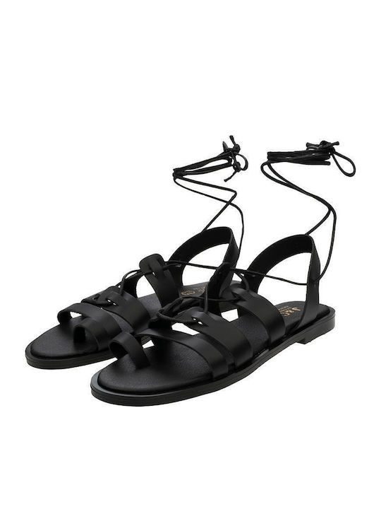 Leather Women's Flat Sandals in Black Color