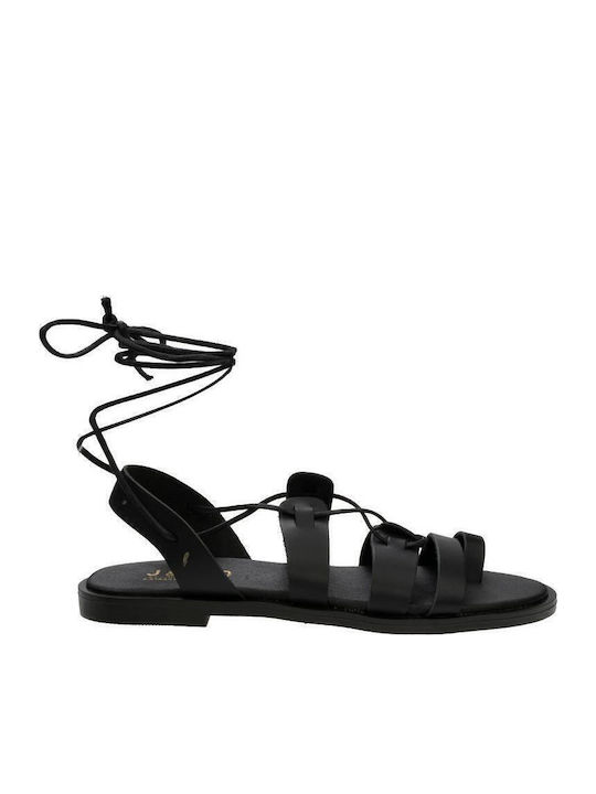 Leather Women's Flat Sandals in Black Color