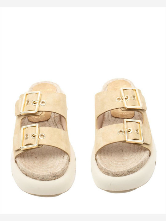 Leather Women's Flat Sandals in Beige Color